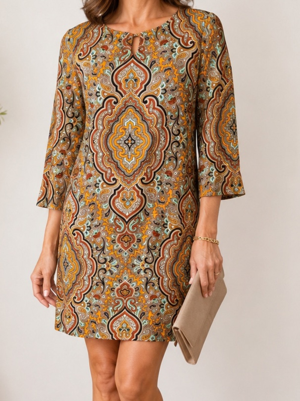 J.Crew Collection 100% Silk Gold Medallion Print Shift Dress Size 2 Lined Boho